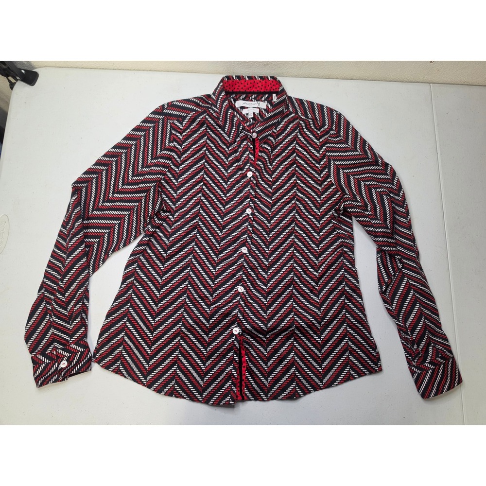 Foxcroft NYC Red Black Chevron Wrinkle Free Button Down Shirt Womens 10P Fitted